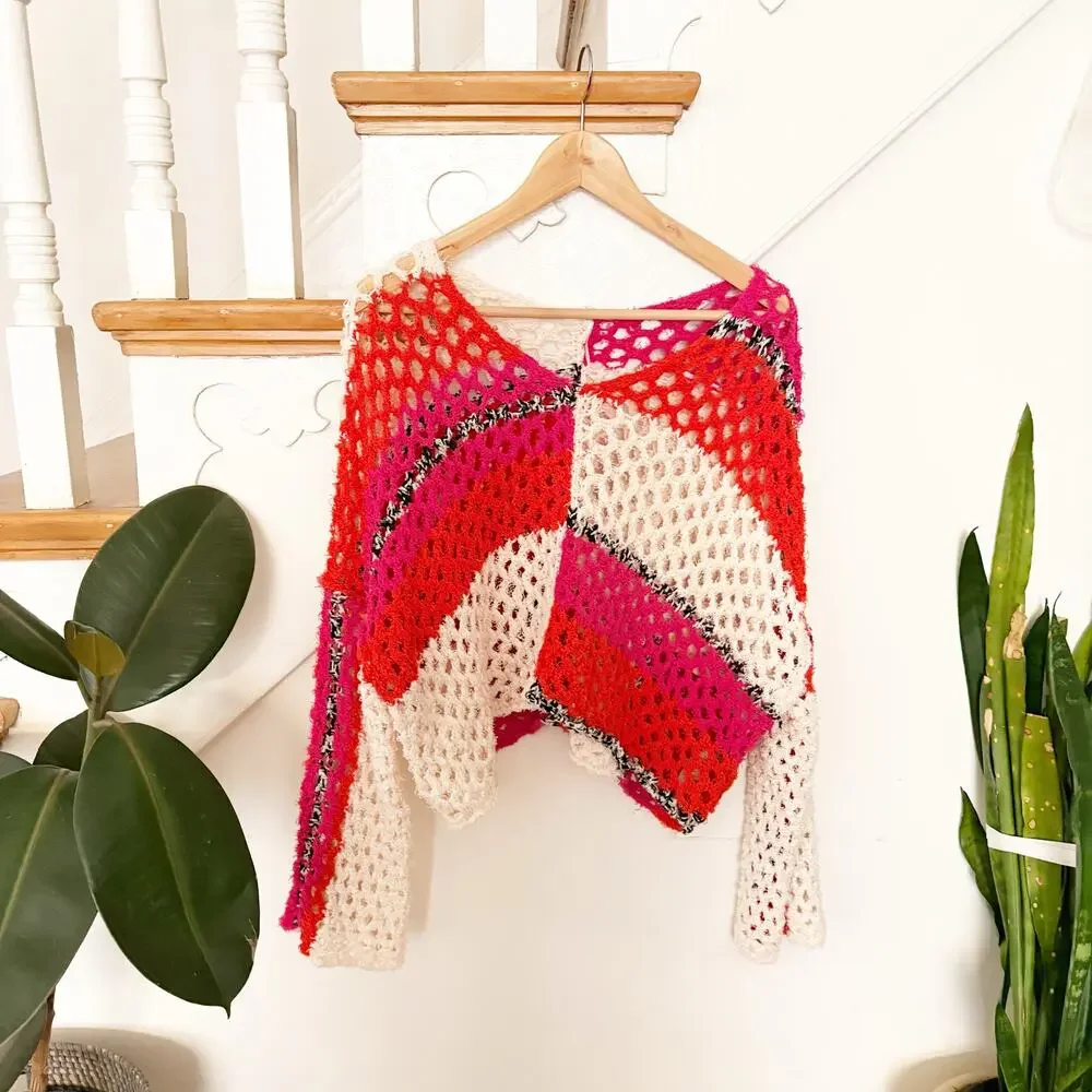 Free People Sail Away Sweater Open Knit Crochet Pullover Pink Red Cream Size S